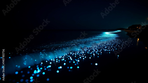 Bioluminescent Plankton Glowing in Night Ocean. Blue Light in Dark Sea.