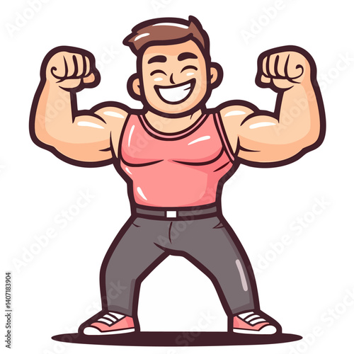 Happy strong fit man after weightlifting exercise, gym trainer athlete or bodybuilder flexing his muscular body and biceps, doodle cartoon clip art, isolated clean and simple vector illustration
