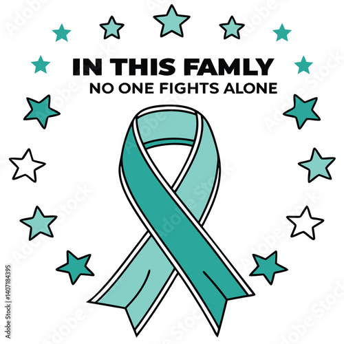 Teal Ribbon Surrounded By Stars Symbolizing Support For Ovarian Cancer Awareness