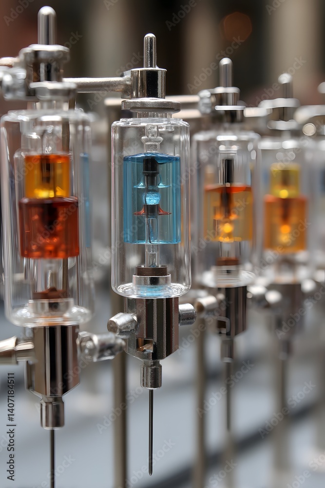 Glass Tubes with Colored Liquids: A captivating display of five glass tubes, each containing a unique combination of vibrant liquids. Each tube features two layers, separated by a distinct interface. Glass Tubes with Colored Liquids: A captivating display of five glass tubes, each containing a unique combination of vibrant liquids. Each tube features two layers, separated by a distinct interface.