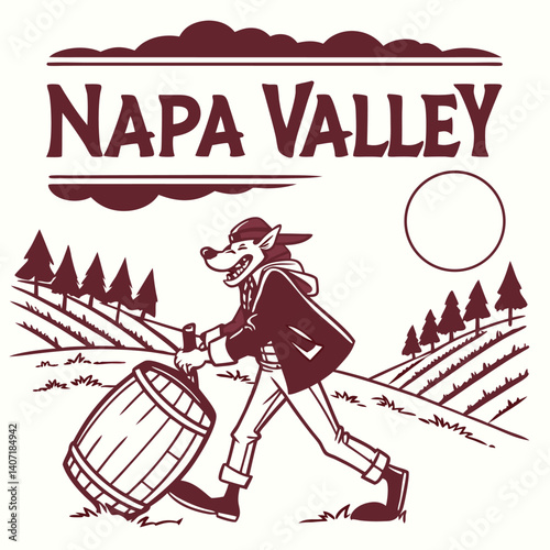 Napa Valley Wine Country Cartoon Mascot With Barrel And Vineyard