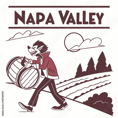 Napa Valley Wine Country Wolf Cartoon Character With Barrel Vintage Style