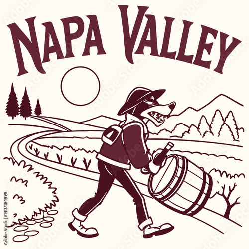 Napa Valley Mascot Delivering Wine Barrel Cartoon Illustration Agriculture Concept