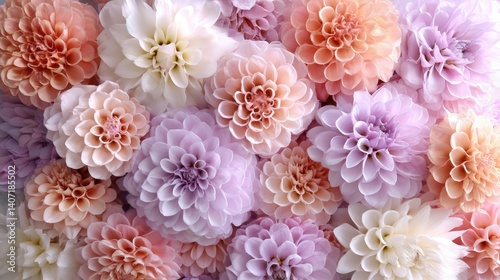A vibrant arrangement of delicate, pastel-colored flowers, showcasing a harmonious blend of pink, peach, and lavender hues.