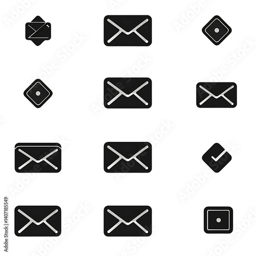 Email Icons Grid: A collection of stylized envelope icons and dice icons against a neutral background, perfect for web design or digital media.