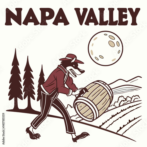 Napa Valley Illustration Wolf Rolling Wine Barrel Through Vineyard Under Moonlight