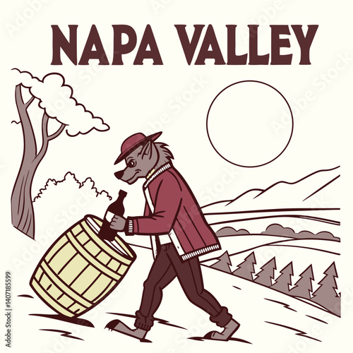 Napa Valley Vintage Illustration Of Wolf Carrying Barrel With Wine Bottle