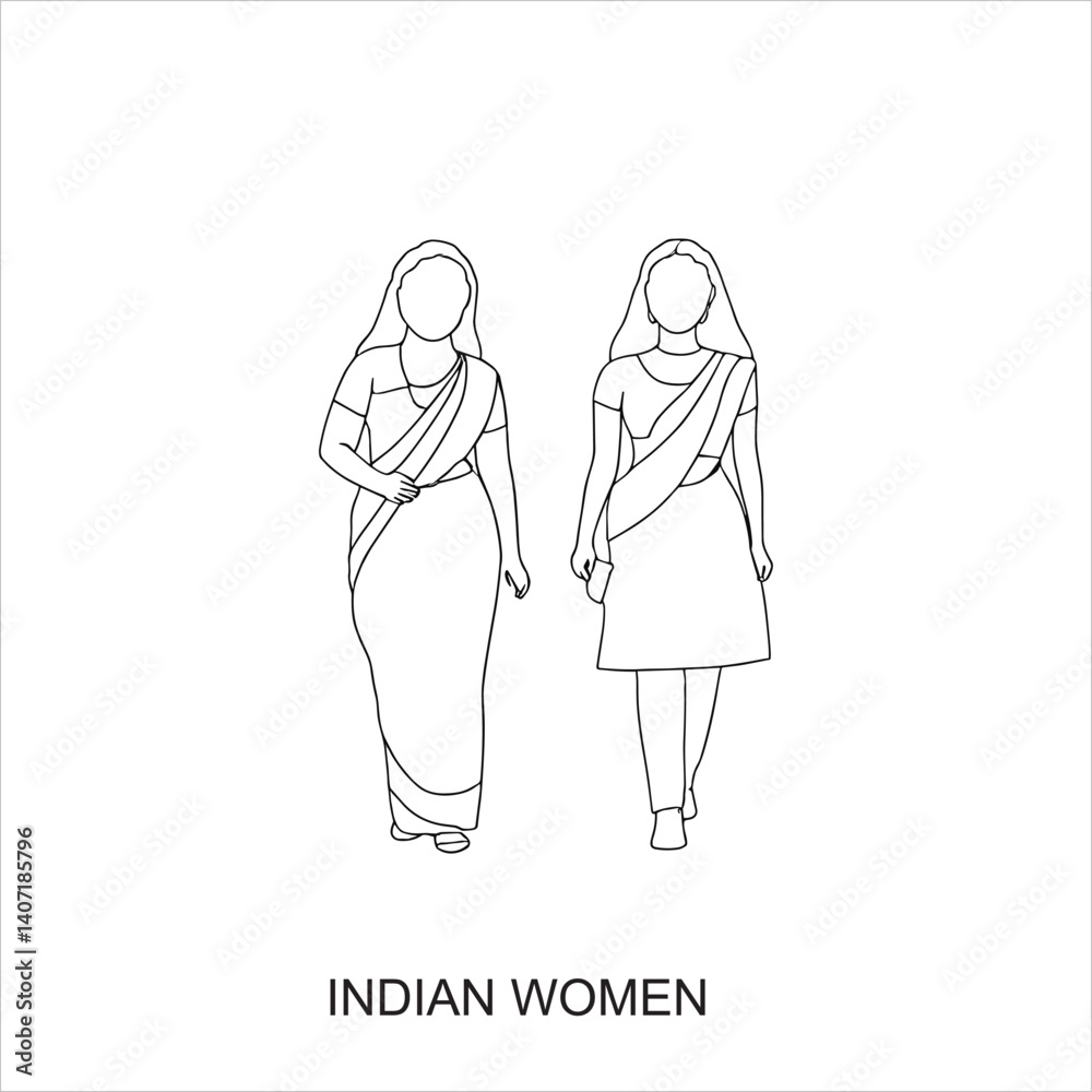 Fototapeta premium line drawing, simple sketch, two women, traditional Indian clothing, sari, salwar kameez, standing figures, cultural attire, black and white illustration, minimalist style, female silhouettes, ethnic 
