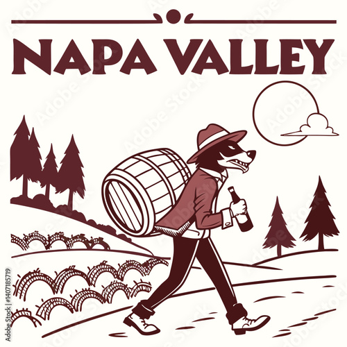 Napa Valley Badger Carrying Wine Barrel Illustration With Vineyard And Trees