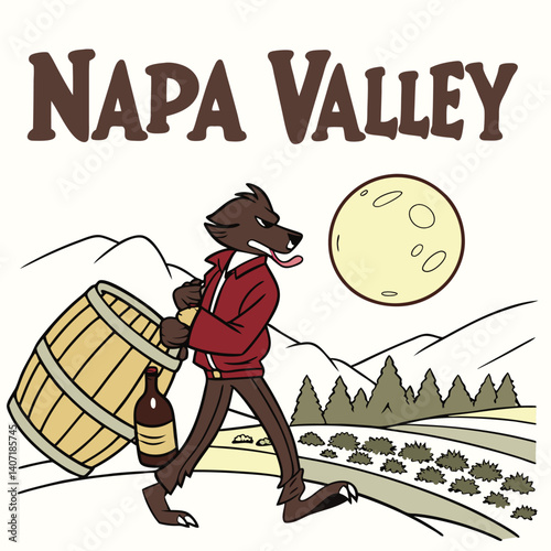 Werewolf Transporting Wine Barrel Through Napa Valley Vineyard Under The Full Moon