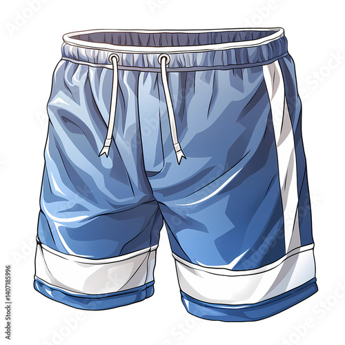 Blue and White Swim Shorts: A pair of stylish blue and white swim shorts, with white trim and a drawstring waistband.