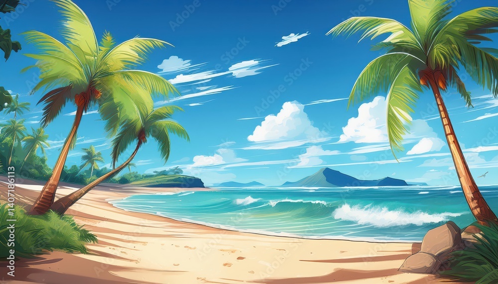 Obraz premium Anime Style Beach Scene with Majestic Palm Trees under a Vibrant Sunset, Offering a Tropical Escape in Rich Colors and Textures