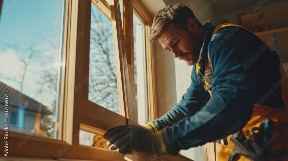 Carpenter fitting window frames in a residential home. Featuring craftsmanship and precision Carpenter fitting window frames in a residential home. Featuring craftsmanship and precision