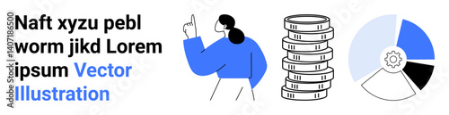 Person raising a finger alongside coin stacks and segmented chart with gear icon. Ideal for finance, investment, growth, analytics, strategy, education, simple landing page