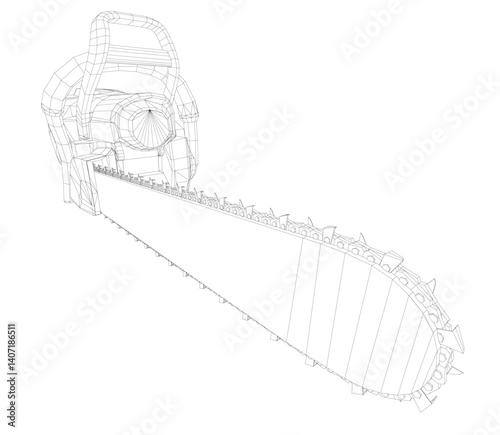 A black and white drawing of a chainsaw. The chainsaw is shown in a close up, with the handle and the blade clearly visible. Concept of power and danger