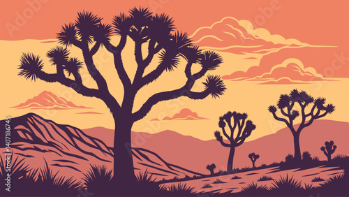 Unique Joshua Tree sunset with cactus silhouettes – California, USA
