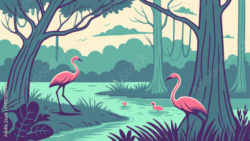 Surreal art of the Everglades with flamingos and wetlands – Florida, USA
