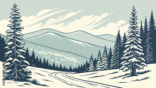 Snowy Mount Washington landscape with trees – New Hampshire, USA
