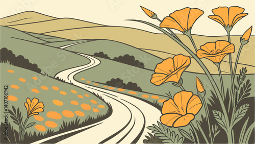 California poppies with a winding road – California, USA