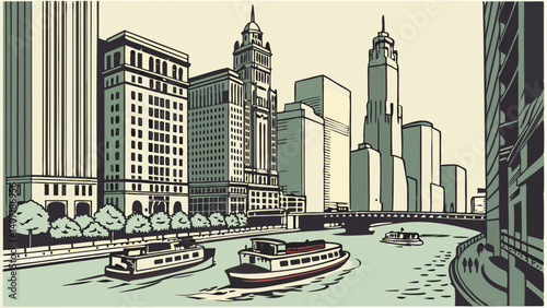Design of the Chicago Riverwalk with boats and skyscrapers – Illinois, USA
