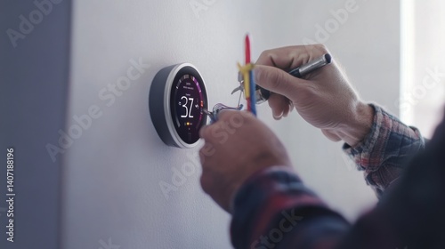 Electrician installing a smart thermostat on a wall. Featuring thermostat installation and electrical work