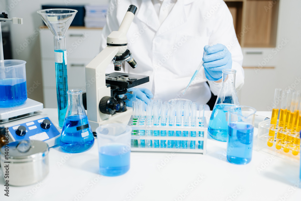 Fototapeta premium Two scientists in a high-tech lab analyzing biochemical samples, using micro pipettes
