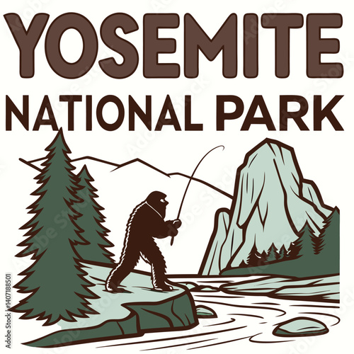 Yosemite National Park Sasquatch Fishing Trip In The Mountains Illustration