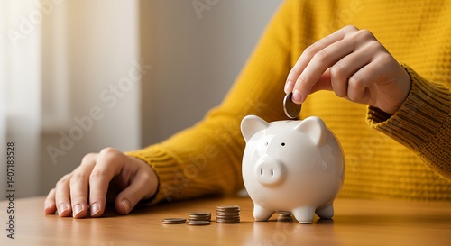 Woman saving money piggy bank financial goals warm lighting wooden table