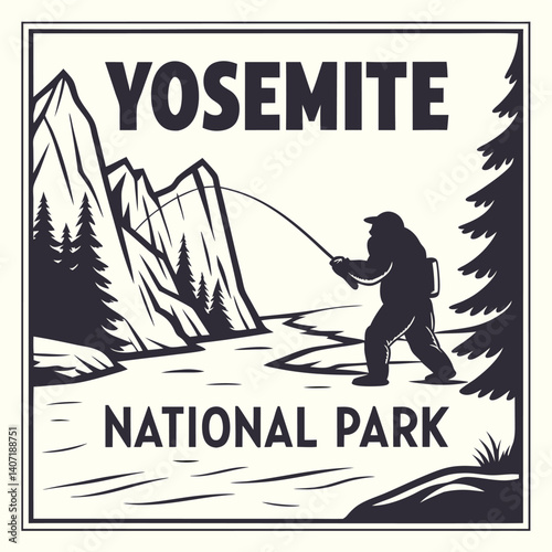 Yosemite National Park Illustration With Fisherman And Mountains Vintage Retro Style
