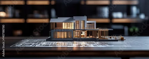 Obraz Building house on blueprint among project and construction concept. Detailed architectural model showcasing modern design and aesthetics.