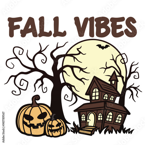 Spooky Halloween Night Featuring Haunted House Pumpkins And Full Moon