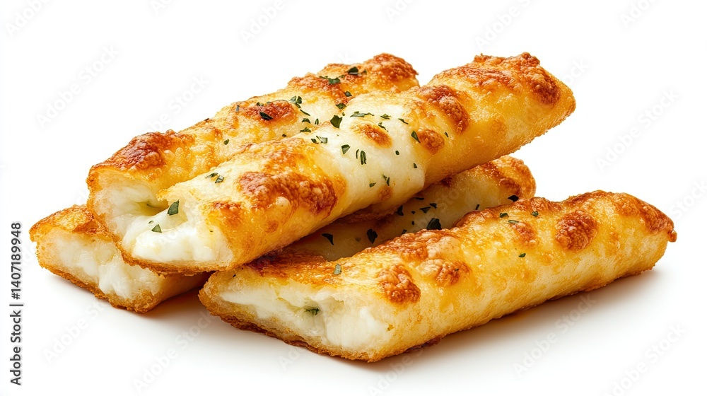 Crispy Cheese Breadsticks with Golden Brown Surface and Herbs on White Background Crispy Cheese Breadsticks with Golden Brown Surface and Herbs on White Background