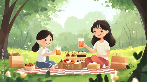 happy family moment as woman and two kids sit on a picnic blanket in the park surrounded by desserts drinks and sunshine enjoying quality time together outdoors