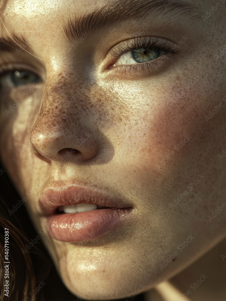 Fototapeta premium Portrait of a young woman with freckles bathed in golden light with captivating eyes