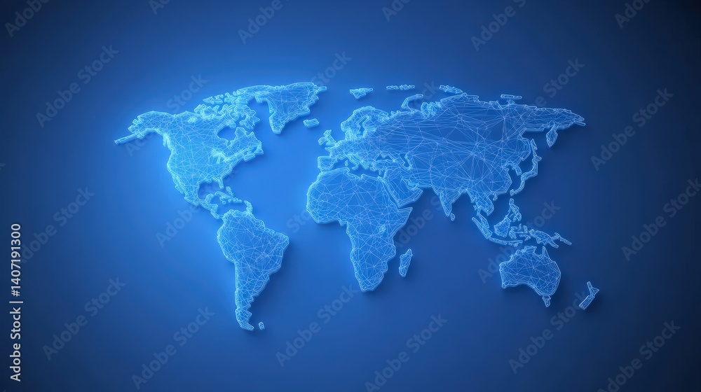 Obraz premium A digital illustration of a world map in blue tones, featuring a network of lines connecting various regions, symbolizing global connectivity.