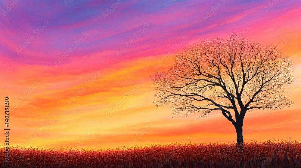 Obraz premium Dramatic Sunset with Silhouette of Leafless Tree Against Colorful Sky