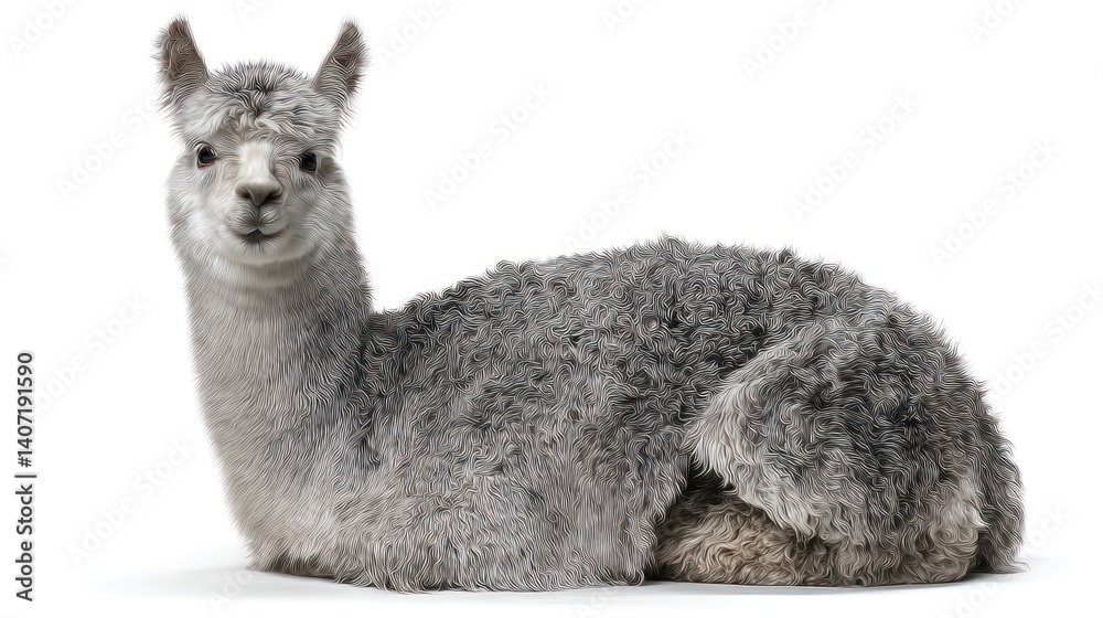 Naklejka premium Llama Resting on White Background Looking at Camera