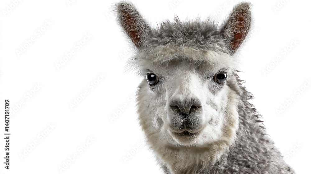 Fototapeta premium Alpaca Head Close-up Against White Backdrop Looking at Camera