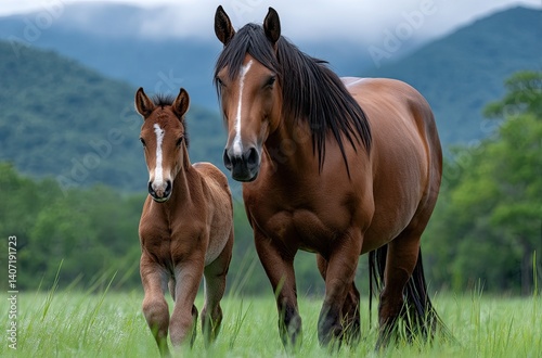 A beautiful brown horse and her foal run on the green grass of the prairie, against the backdrop of blue mountains
