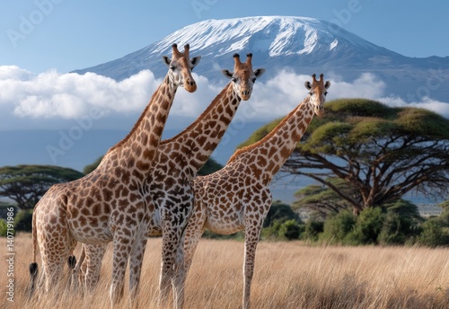 A group of giraffes in the savanna with Mount Kilimanjaro visible behind them