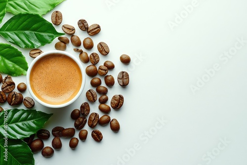 Aromatic brew in cup with scattered beans and verdant leaves on white surface