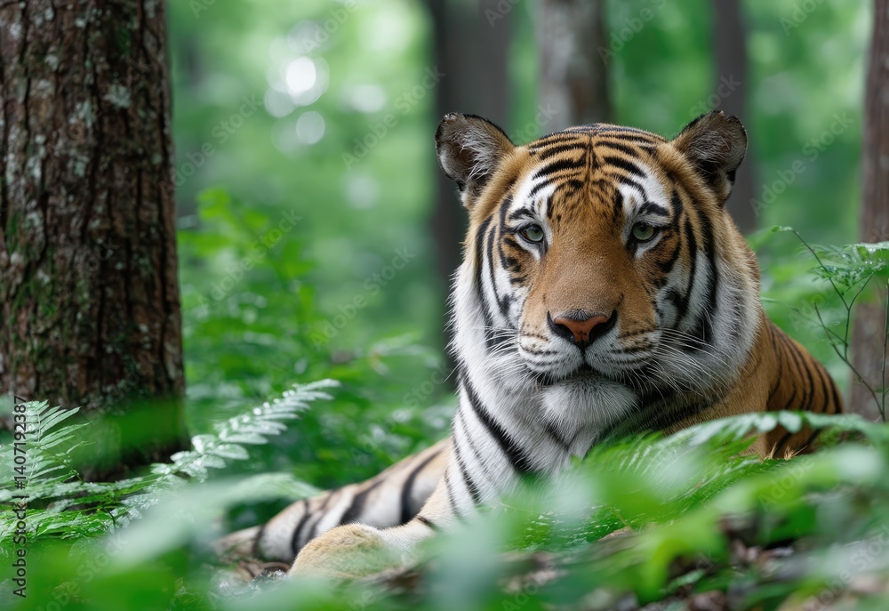 A majestic tiger resting in the lush greenery of an Indian forest A majestic tiger resting in the lush greenery of an Indian forest