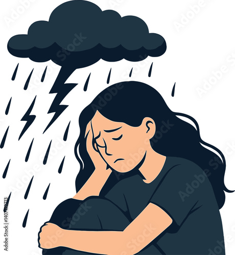 Emotional struggle depicted through sadness and rain with dark cloud and lightning