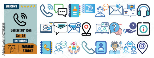 Contact Us line  art  vector icon set, Set of 28 Outline Style related to contact us, customer service, phone, support, email, message, info and others. Editable stroke. Vector illustration