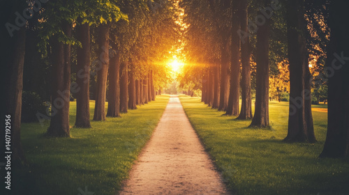 A straight trail meanders through a peaceful green forest park filled with towering trees