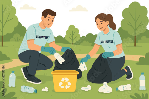 Volunteers cleaning park for environmental awareness and community service
