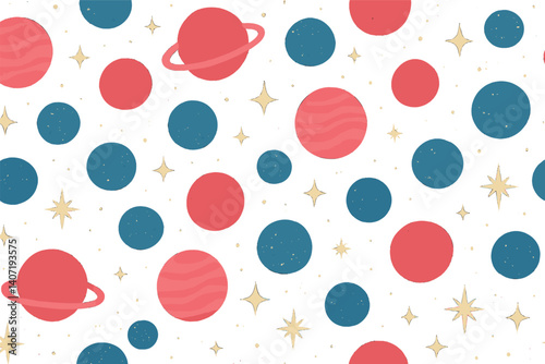 Whimsical space pattern featuring red planets and blue stars