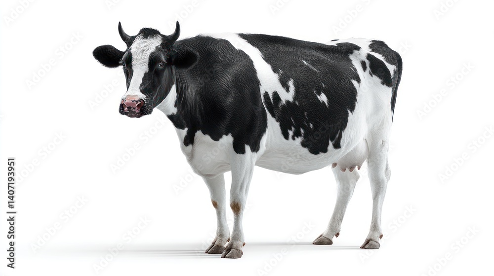 Standing Cow with Black and White Spots on White Background Standing Cow with Black and White Spots on White Background