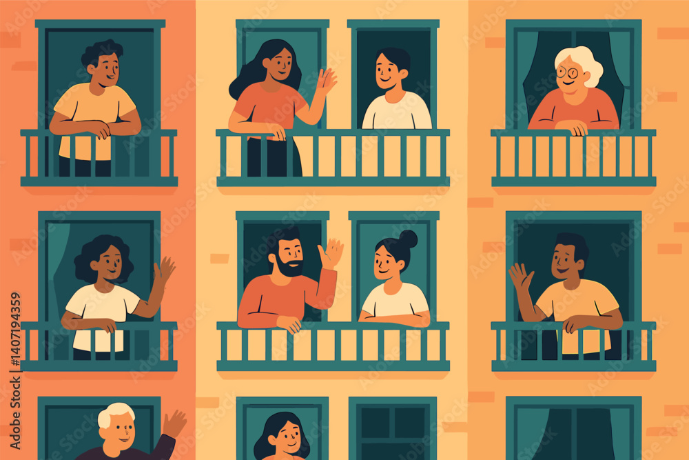 Neighbors socializing on balconies in urban apartment building for community design