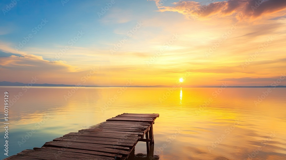 Serene Sunset Over Calm Water with Wooden Dock Stretching Into Tranquil Landscape Scene Serene Sunset Over Calm Water with Wooden Dock Stretching Into Tranquil Landscape Scene
